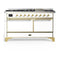 ILVE Majestic III 60-inch Dual Fuel Range with 7 Natural Gas Burner, Griddle and Solid Door Electric Oven in White with Brass Trim (UM60FQNR3WHG)