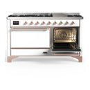 ILVE Majestic III 60-inch Dual Fuel Range with 7 Natural Gas Burner, Griddle and Solid Door Electric Oven in White with Copper Trim (UM60FQNR3WHP)