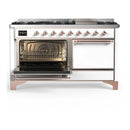 ILVE Majestic III 60-inch Dual Fuel Range with 7 Natural Gas Burner, Griddle and Solid Door Electric Oven in White with Copper Trim (UM60FQNR3WHP)