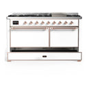 ILVE Majestic III 60-inch Dual Fuel Range with 7 Natural Gas Burner, Griddle and Solid Door Electric Oven in White with Copper Trim (UM60FQNR3WHP)