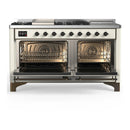 ILVE Majestic III 60-inch Dual Fuel Range with 7 Natural Gas Burner, Griddle, French Top and Triple Glass Door Electric Oven in Antique White with Burnished Trim (UM60FSNR3AWB)