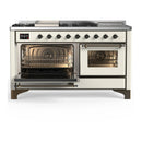 ILVE Majestic III 60-inch Dual Fuel Range with 7 Natural Gas Burner, Griddle, French Top and Triple Glass Door Electric Oven in Antique White with Burnished Trim (UM60FSNR3AWB)