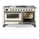 ILVE Majestic III 60-inch Dual Fuel Range with 7 Natural Gas Burner, Griddle, French Top and Triple Glass Door Electric Oven in Antique White with Burnished Trim (UM60FSNR3AWB)
