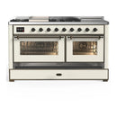 ILVE Majestic III 60-inch Dual Fuel Range with 7 Natural Gas Burner, Griddle, French Top and Triple Glass Door Electric Oven in Antique White with Burnished Trim (UM60FSNR3AWB)