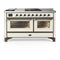 ILVE Majestic III 60-inch Dual Fuel Range with 7 Natural Gas Burner, Griddle, French Top and Triple Glass Door Electric Oven in Antique White with Burnished Trim (UM60FSNR3AWB)