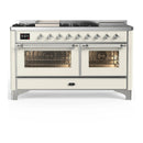 ILVE Majestic III 60-inch Dual Fuel Range with 7 Natural Gas Burner, Griddle, French Top and Triple Glass Door Electric Oven in Antique White with Chrome Trim (UM60FSNR3AWC)