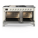 ILVE Majestic III 60-inch Dual Fuel Range with 7 Natural Gas Burner, Griddle, French Top and Triple Glass Door Electric Oven in Antique White with Chrome Trim (UM60FSNR3AWC)