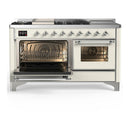 ILVE Majestic III 60-inch Dual Fuel Range with 7 Natural Gas Burner, Griddle, French Top and Triple Glass Door Electric Oven in Antique White with Chrome Trim (UM60FSNR3AWC)