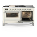 ILVE Majestic III 60-inch Dual Fuel Range with 7 Natural Gas Burner, Griddle, French Top and Triple Glass Door Electric Oven in Antique White with Chrome Trim (UM60FSNR3AWC)