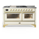 ILVE Majestic III 60-inch Dual Fuel Range with 7 Natural Gas Burner, Griddle, French Top and Triple Glass Door Electric Oven in Antique White with Brass Trim (UM60FSNR3AWG)