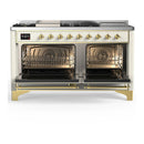 ILVE Majestic III 60-inch Dual Fuel Range with 7 Natural Gas Burner, Griddle, French Top and Triple Glass Door Electric Oven in Antique White with Brass Trim (UM60FSNR3AWG)