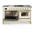 ILVE Majestic III 60-inch Dual Fuel Range with 7 Natural Gas Burner, Griddle, French Top and Triple Glass Door Electric Oven in Antique White with Brass Trim (UM60FSNR3AWG)