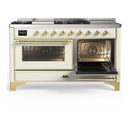 ILVE Majestic III 60-inch Dual Fuel Range with 7 Natural Gas Burner, Griddle, French Top and Triple Glass Door Electric Oven in Antique White with Brass Trim (UM60FSNR3AWG)