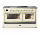 ILVE Majestic III 60-inch Dual Fuel Range with 7 Natural Gas Burner, Griddle, French Top and Triple Glass Door Electric Oven in Antique White with Brass Trim (UM60FSNR3AWG)