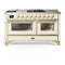 ILVE Majestic III 60-inch Dual Fuel Range with 7 Natural Gas Burner, Griddle, French Top and Triple Glass Door Electric Oven in Antique White with Brass Trim (UM60FSNR3AWG)