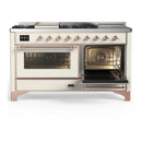 ILVE Majestic III 60-inch Dual Fuel Range with 5 Liquid Propane Burner, Griddle, French Top and Triple Glass Door Electric Oven in Antique White with Copper Trim (UM60FSNR3AWPLP)