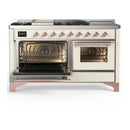 ILVE Majestic III 60-inch Dual Fuel Range with 7 Natural Gas Burner, Griddle, French Top and Triple Glass Door Electric Oven in Antique White with Copper Trim (UM60FSNR3AWP)