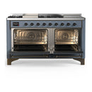 ILVE Majestic III 60-inch Dual Fuel Range with 5 Liquid Propane Burner, Griddle, French Top and Triple Glass Door Electric Oven in Blue Grey with Burnished Trim (UM60FSNR3BGBLP)