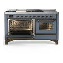 ILVE Majestic III 60-inch Dual Fuel Range with 5 Liquid Propane Burner, Griddle, French Top and Triple Glass Door Electric Oven in Blue Grey with Burnished Trim (UM60FSNR3BGBLP)