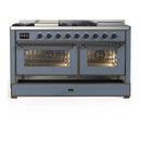 ILVE Majestic III 60-inch Dual Fuel Range with 5 Liquid Propane Burner, Griddle, French Top and Triple Glass Door Electric Oven in Blue Grey with Burnished Trim (UM60FSNR3BGBLP)