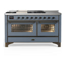 ILVE Majestic III 60-inch Dual Fuel Range with 7 Natural Gas Burner, Griddle, French Top and Triple Glass Door Electric Oven in Blue Grey with Burnished Trim (UM60FSNR3BGB)