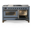 ILVE Majestic III 60-inch Dual Fuel Range with 7 Natural Gas Burner, Griddle, French Top and Triple Glass Door Electric Oven in Blue Grey with Burnished Trim (UM60FSNR3BGB)