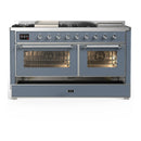 ILVE Majestic III 60-inch Dual Fuel Range with 5 Liquid Propane Burner, Griddle, French Top and Triple Glass Door Electric Oven in Blue Grey with Chrome Trim (UM60FSNR3BGCLP)