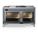 ILVE Majestic III 60-inch Dual Fuel Range with 7 Natural Gas Burner, Griddle, French Top and Triple Glass Door Electric Oven in Blue Grey with Chrome Trim (UM60FSNR3BGC)