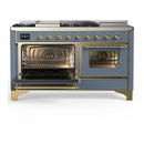 ILVE Majestic III 60-inch Dual Fuel Range with 5 Liquid Propane Burner, Griddle, French Top and Triple Glass Door Electric Oven in Blue Grey with Brass Trim (UM60FSNR3BGGLP)