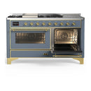 ILVE Majestic III 60-inch Dual Fuel Range with 5 Liquid Propane Burner, Griddle, French Top and Triple Glass Door Electric Oven in Blue Grey with Brass Trim (UM60FSNR3BGGLP)