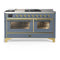 ILVE Majestic III 60-inch Dual Fuel Range with 5 Liquid Propane Burner, Griddle, French Top and Triple Glass Door Electric Oven in Blue Grey with Brass Trim (UM60FSNR3BGGLP)