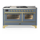 ILVE Majestic III 60-inch Dual Fuel Range with 7 Natural Gas Burner, Griddle, French Top and Triple Glass Door Electric Oven in Blue Grey with Brass Trim (UM60FSNR3BGG)