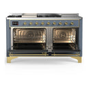 ILVE Majestic III 60-inch Dual Fuel Range with 7 Natural Gas Burner, Griddle, French Top and Triple Glass Door Electric Oven in Blue Grey with Brass Trim (UM60FSNR3BGG)