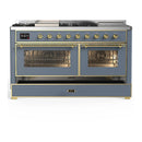 ILVE Majestic III 60-inch Dual Fuel Range with 7 Natural Gas Burner, Griddle, French Top and Triple Glass Door Electric Oven in Blue Grey with Brass Trim (UM60FSNR3BGG)