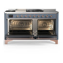 ILVE Majestic III 60-inch Dual Fuel Range with 5 Liquid Propane Burner, Griddle, French Top and Triple Glass Door Electric Oven in Blue Grey with Copper Trim (UM60FSNR3BGPLP)