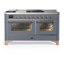 ILVE Majestic III 60-inch Dual Fuel Range with 7 Natural Gas Burner, Griddle, French Top and Triple Glass Door Electric Oven in Blue Grey with Copper Trim (UM60FSNR3BGP)