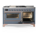 ILVE Majestic III 60-inch Dual Fuel Range with 7 Natural Gas Burner, Griddle, French Top and Triple Glass Door Electric Oven in Blue Grey with Copper Trim (UM60FSNR3BGP)