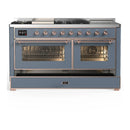 ILVE Majestic III 60-inch Dual Fuel Range with 7 Natural Gas Burner, Griddle, French Top and Triple Glass Door Electric Oven in Blue Grey with Copper Trim (UM60FSNR3BGP)