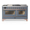 ILVE Majestic III 60-inch Dual Fuel Range with 7 Natural Gas Burner, Griddle, French Top and Triple Glass Door Electric Oven in Blue Grey with Copper Trim (UM60FSNR3BGP)
