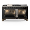 ILVE Majestic III 60-inch Dual Fuel Range with 5 Liquid Propane Burner, Griddle, French Top and Triple Glass Door Electric Oven in Glossy Black with Burnished Trim (UM60FSNR3BKBLP)