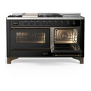 ILVE Majestic III 60-inch Dual Fuel Range with 5 Liquid Propane Burner, Griddle, French Top and Triple Glass Door Electric Oven in Glossy Black with Burnished Trim (UM60FSNR3BKBLP)