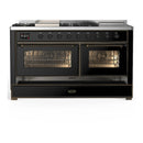 ILVE Majestic III 60-inch Dual Fuel Range with 5 Liquid Propane Burner, Griddle, French Top and Triple Glass Door Electric Oven in Glossy Black with Burnished Trim (UM60FSNR3BKBLP)