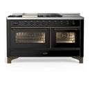 ILVE Majestic III 60-inch Dual Fuel Range with 7 Natural Gas Burner, Griddle, French Top and Triple Glass Door Electric Oven in Glossy Black with Burnished Trim (UM60FSNR3BKB)