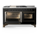 ILVE Majestic III 60-inch Dual Fuel Range with 7 Natural Gas Burner, Griddle, French Top and Triple Glass Door Electric Oven in Glossy Black with Burnished Trim (UM60FSNR3BKB)