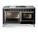 ILVE Majestic III 60-inch Dual Fuel Range with 5 Liquid Propane Burner, Griddle, French Top and Triple Glass Door Electric Oven in Glossy Black with Chrome Trim (UM60FSNR3BKCLP)