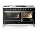 ILVE Majestic III 60-inch Dual Fuel Range with 5 Liquid Propane Burner, Griddle, French Top and Triple Glass Door Electric Oven in Glossy Black with Chrome Trim (UM60FSNR3BKCLP)