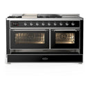 ILVE Majestic III 60-inch Dual Fuel Range with 5 Liquid Propane Burner, Griddle, French Top and Triple Glass Door Electric Oven in Glossy Black with Chrome Trim (UM60FSNR3BKCLP)