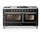 ILVE Majestic III 60-inch Dual Fuel Range with 5 Liquid Propane Burner, Griddle, French Top and Triple Glass Door Electric Oven in Glossy Black with Chrome Trim (UM60FSNR3BKCLP)