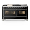 ILVE Majestic III 60-inch Dual Fuel Range with 7 Natural Gas Burner, Griddle, French Top and Triple Glass Door Electric Oven in Glossy Black with Chrome Trim (UM60FSNR3BKC)