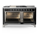 ILVE Majestic III 60-inch Dual Fuel Range with 7 Natural Gas Burner, Griddle, French Top and Triple Glass Door Electric Oven in Glossy Black with Chrome Trim (UM60FSNR3BKC)